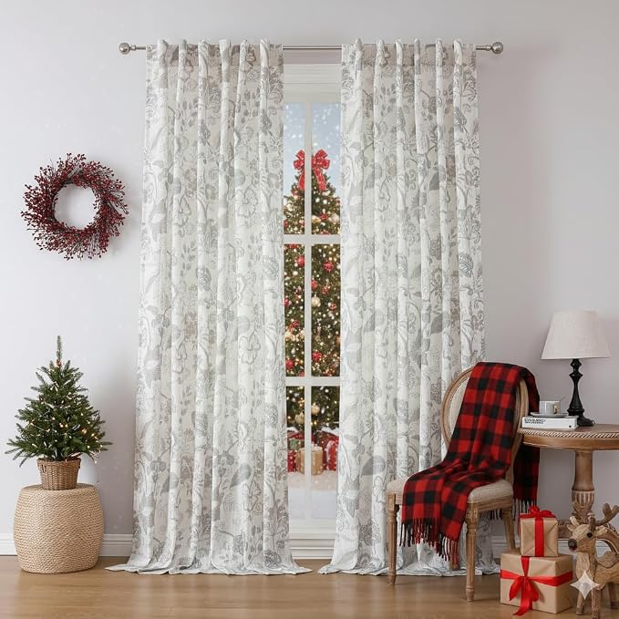 Kayne Studio Grey Floral Botanical Rod Pocket Semi Sheer Curtains 95 Inches | - Image 9