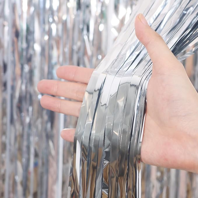 Voircoloria Silver Foil Fringe Backdrop Curtains, Birthday Party Decorations - Image 2