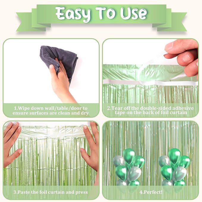 Voircoloria Light Green Foil Fringe Backdrop Curtains, 2 Pack | Tinsel Streamers - Image 4
