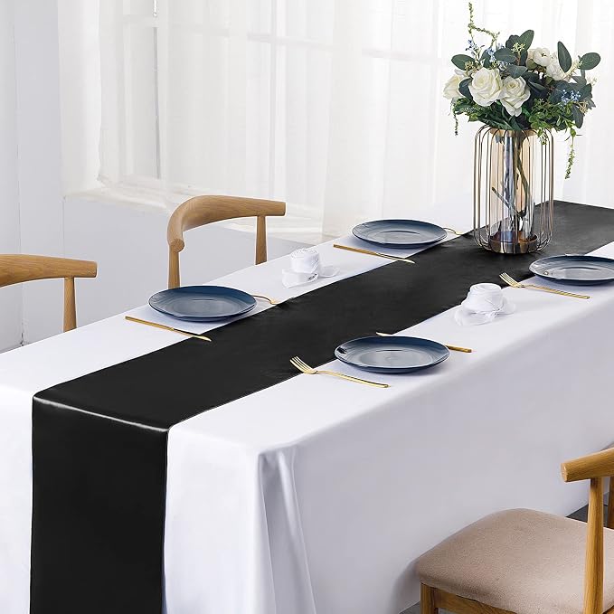 SiinvdaBZX 24 Pcs Black Satin Table Runner 12 x 108 inches Long | Bright Smooth - Image 2