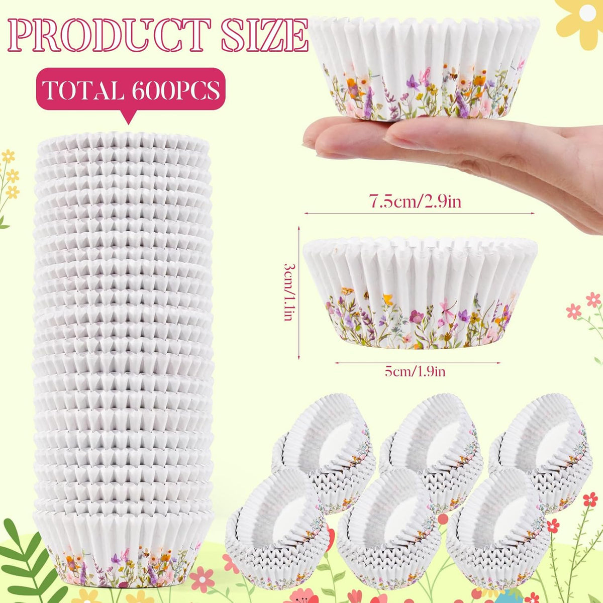 600 Count Elegant Wildflower Cupcake Liners for Baby Showers, Weddings, Spring Birthday Parties - Floral Rustic Theme Party Decorations Supplies