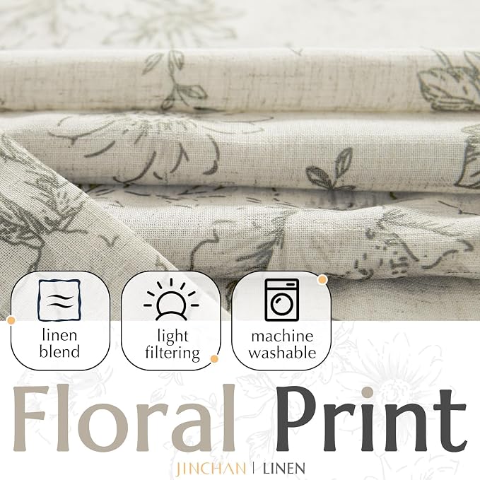 jinchan Gray Floral Linen Curtains Lined 63 Inch Vintage Back Tab 2 Panels | - Image 2