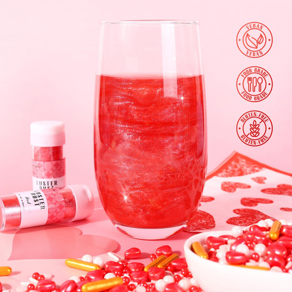 Red Edible Glitter for Drink, 5g Red Luster Dust Edible for Cake Decorating, Edible Glitter for Cocktails, Baking, Chocolate, Cookies, and Strawberries (0.18oz, red)