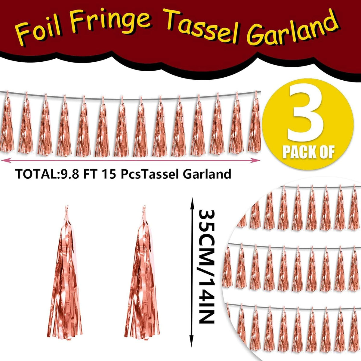 3P Metallic Fringe Tassel Banner Garland Foil Tinsel Streamer Wall Hanging Curtain Backdrop Banner for Parade Floats,Graduation Decorations, Wedding Party Decoration(Rose Gold)