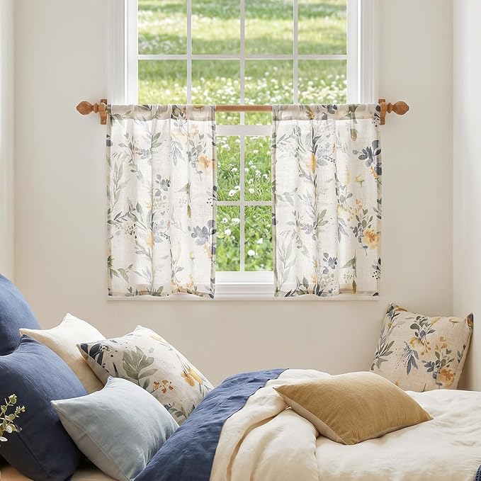 MYSKY HOME Floral Kitchen Curtains 36 Inch Length Linen Tier Curtains Farmhouse - Image 7