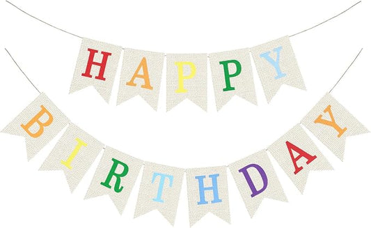 White Burlap Happy Birthday Banner Sign Birthday Garland Wall Door Hanging by Unknown