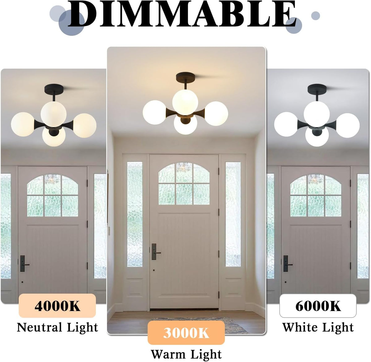 KCO Lighting Mid Century Modern Semi Flush Mount Ceiling Light Fixture Farmhouse Black Globe Sputnik Chandelier Ceiling Light 4-Light Milk Glass Hallway Ceiling Light