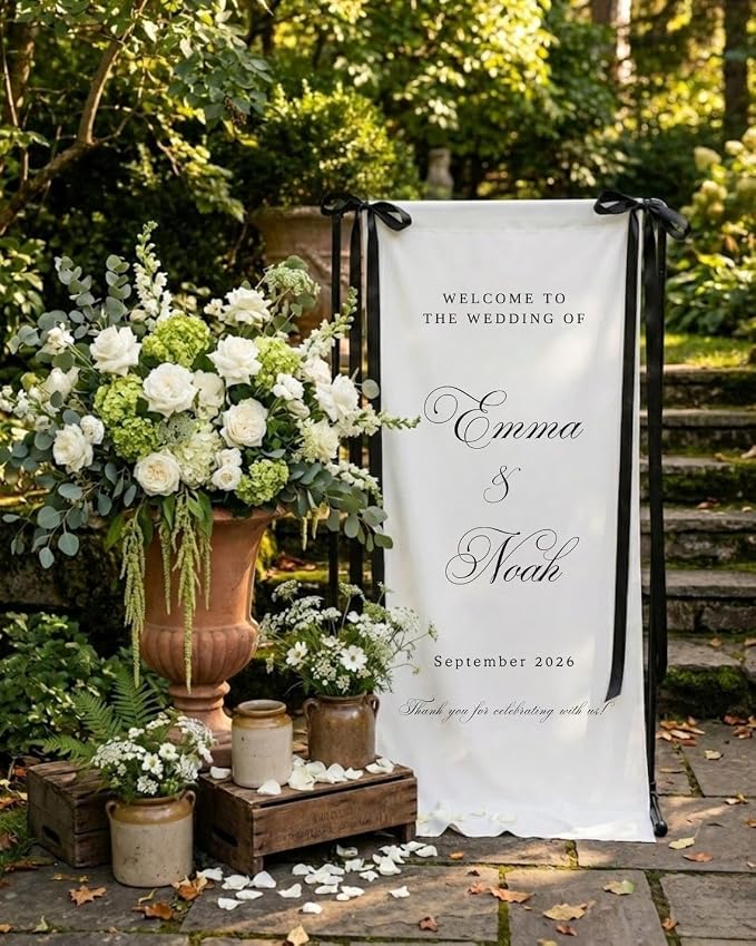 Personalized Wedding Welcome Banner Linen – Custom Names & Date, Elegant Fabric by Custom