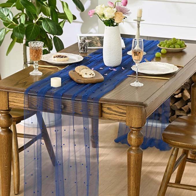 Artoid Mode Pearl Light Bule Gauze Table Runner 120 Inch, Seasonal Sheer Dining - Image 2