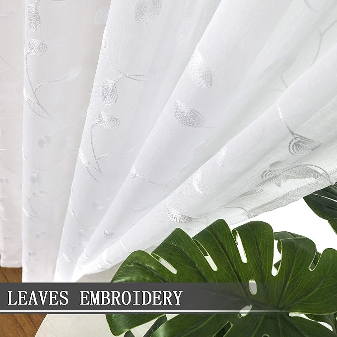 Tollpiz Leaves Sheer Tier Curtain White Leaf Embroidery Kitchen Half Curtains - Image 3