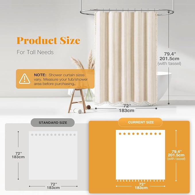 72x78 Long Boho Farmhouse Linen Heavy Duty Shower Curtain, Cream/Beige | Tall - Image 3