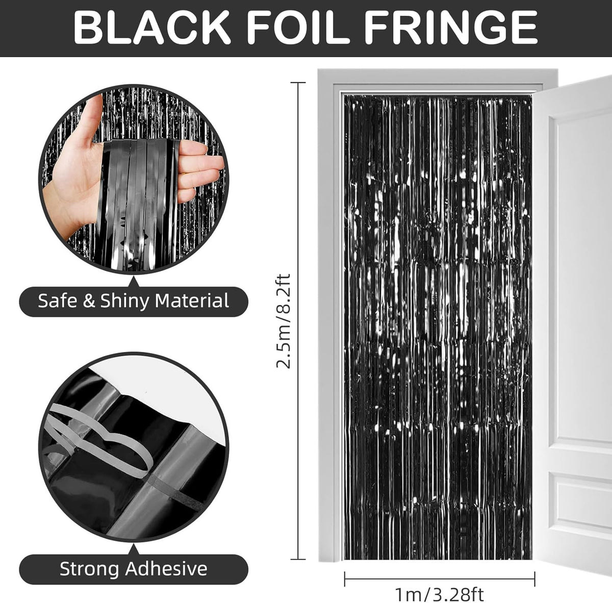 Black Fringe Curtain Party Streamers, 12 Pack 3.3ft x 8.2ft Foil Curtain Backdrop Tinsel Foil Fringe Curtains Photo Booth Backdrop Streamer for Birthday, Wedding, Baby Shower, Disco Party