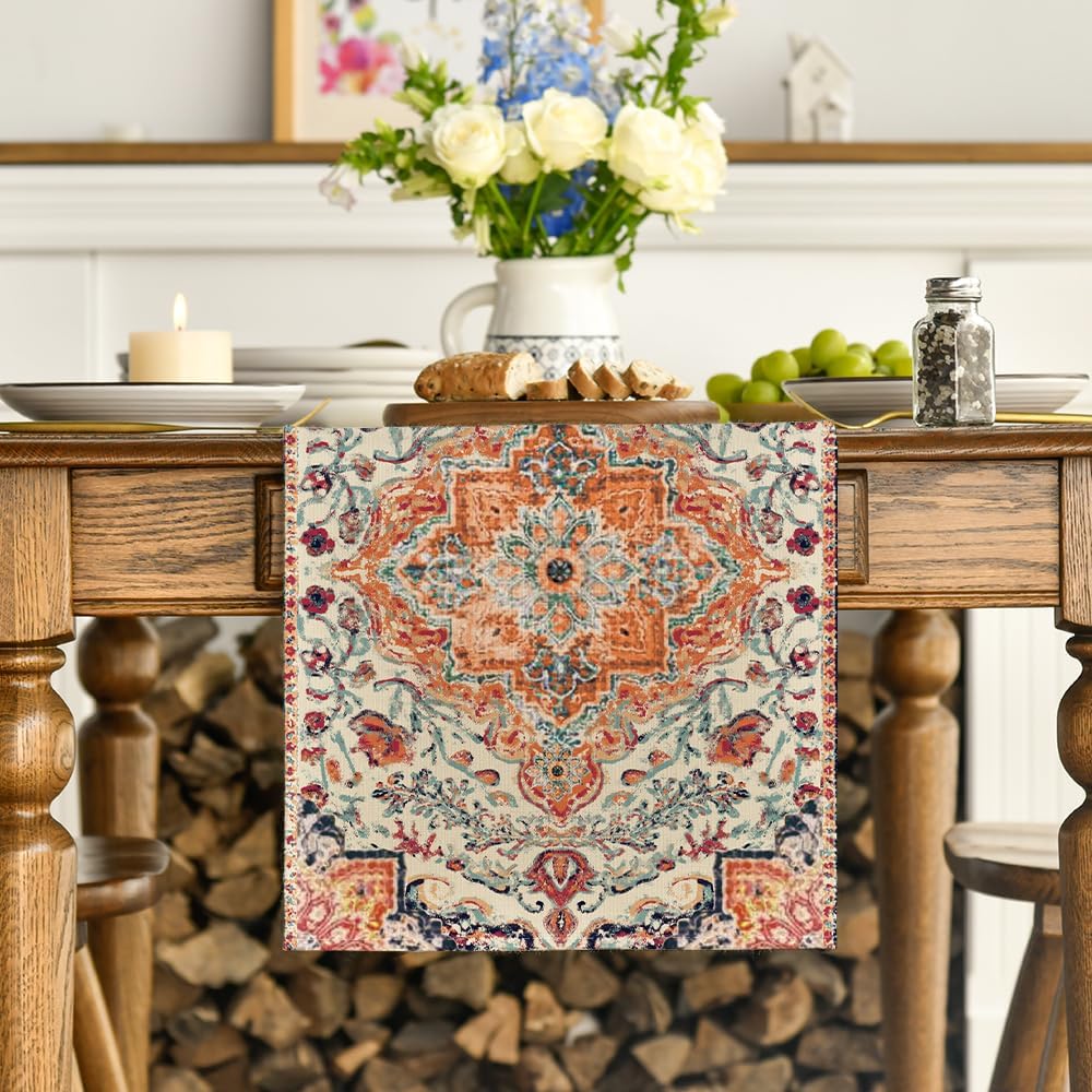 Artoid Mode Boho Bohemia Style Orange Table Runner, Country Rustic Farmhouse Magical Fall Kitchen Dining Table Decoration for Home Party Decor 13x60 Inch