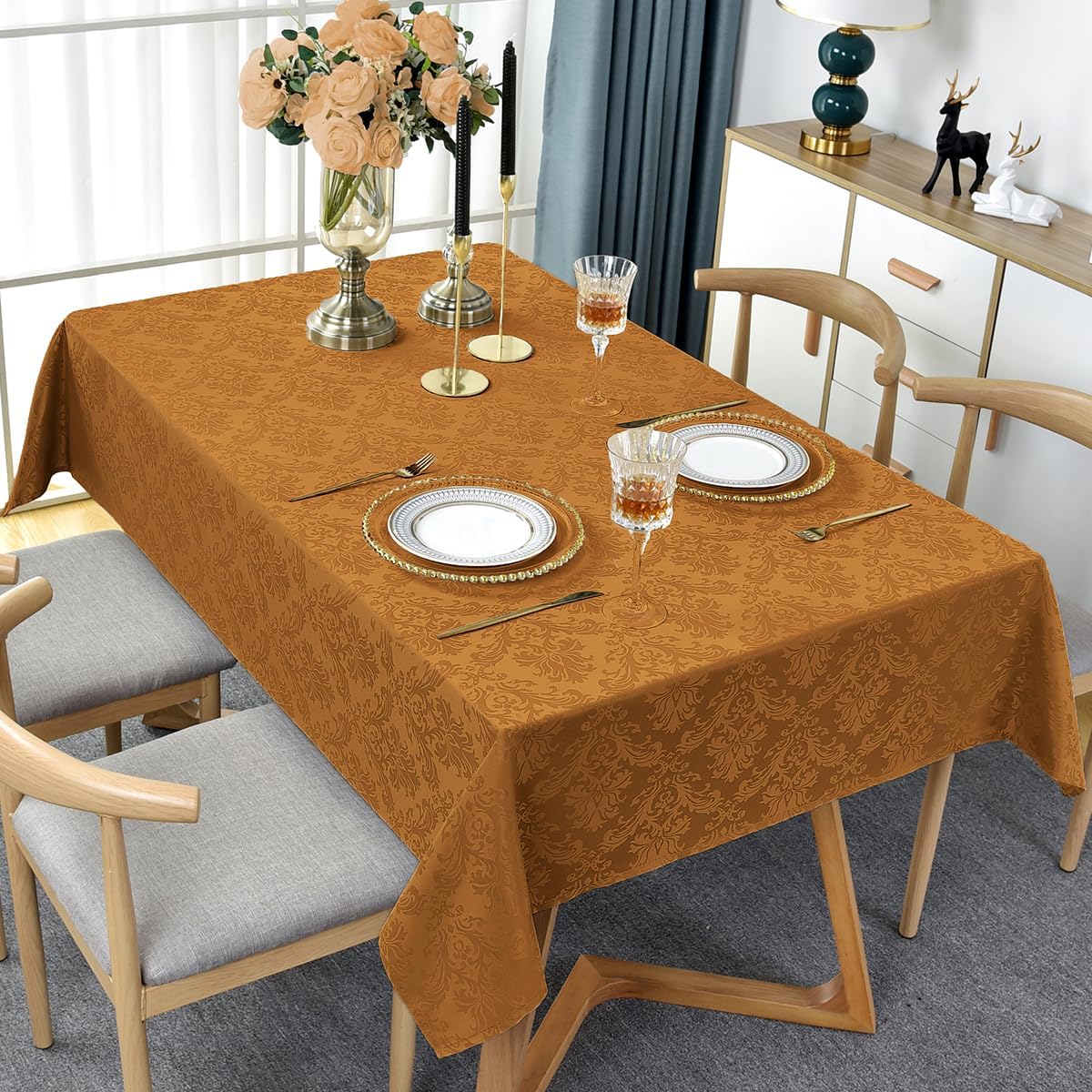 SASTYBALE Fall Tablecloth Rectangle 52 x 70 Inch Waterproof Wrinkle Free Autumn Jacquard Damask Table Cloth, Reusable Fabric Table Cover for Thanksgiving, Harvest, Holiday, Brown/Amber