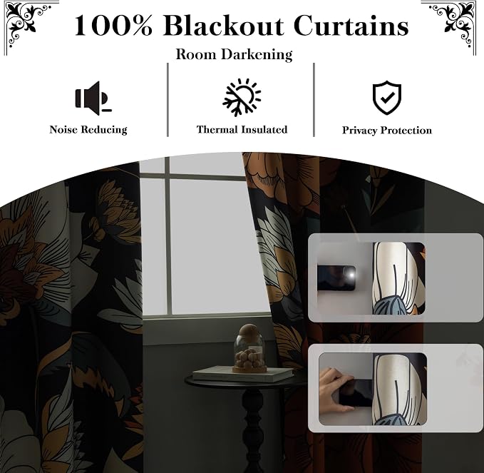 Tyrot Black Boho Floral 100% Blackout Curtains - Image 2
