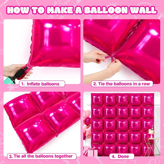 NISOCY 25PCS Hot Pink Square Foil Balloons Wall Backdrop | Double Sided Balloon - Image 4