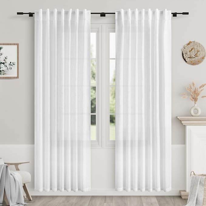 White Semi Sheer Linen Curtains 88 Inch Length by Nanspring