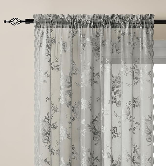 Gray Lace Curtains 90 Inches Long 2 Panels Victorian Grey Floral Sheer Curtains - Image 3