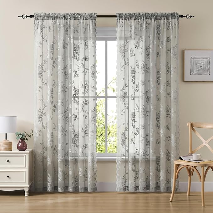 Gray Lace Curtains 80 Inches Long 2 Panels Victorian Grey Floral Sheer Curtains - Image 2