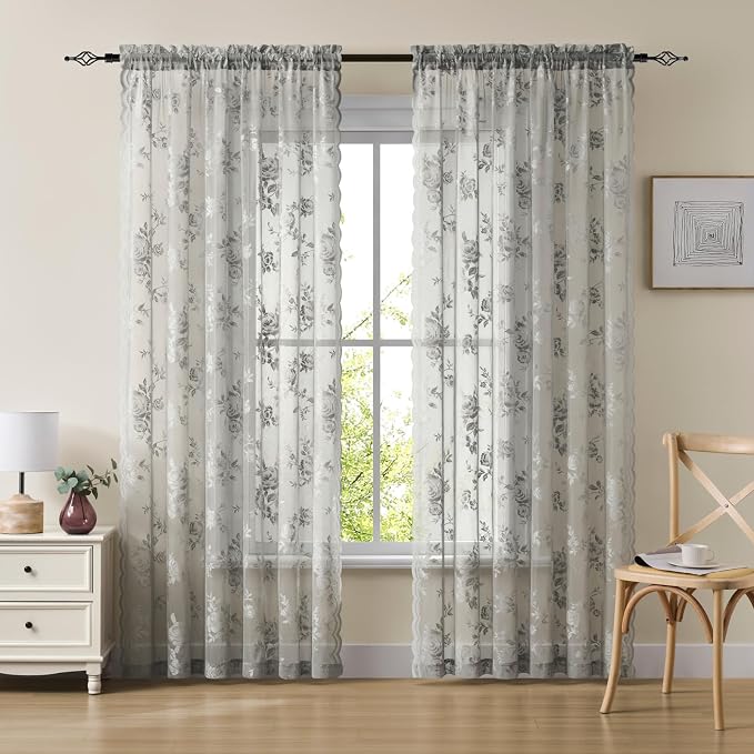 Gray Lace Curtains 90 Inches Long 2 Panels Victorian Grey Floral Sheer Curtains - Image 2