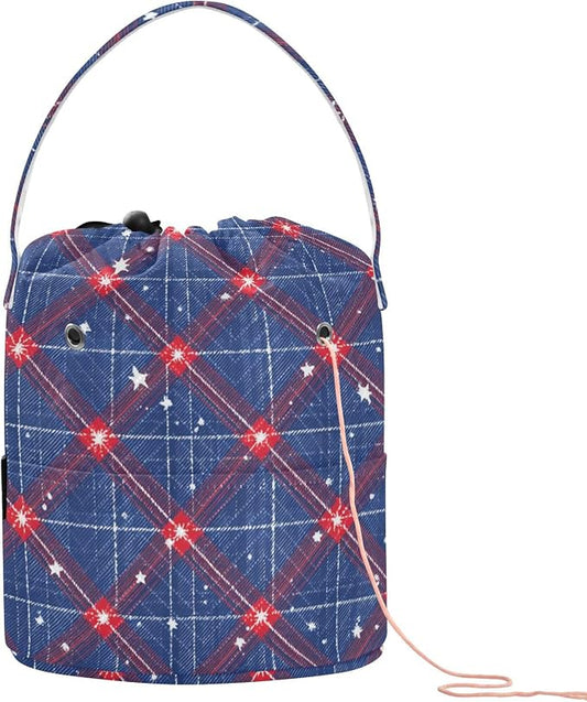 Blue Retro Plaid Stars Yarn Bag Small Crochet Bag Drawstring Yarn Storage by Tatenale