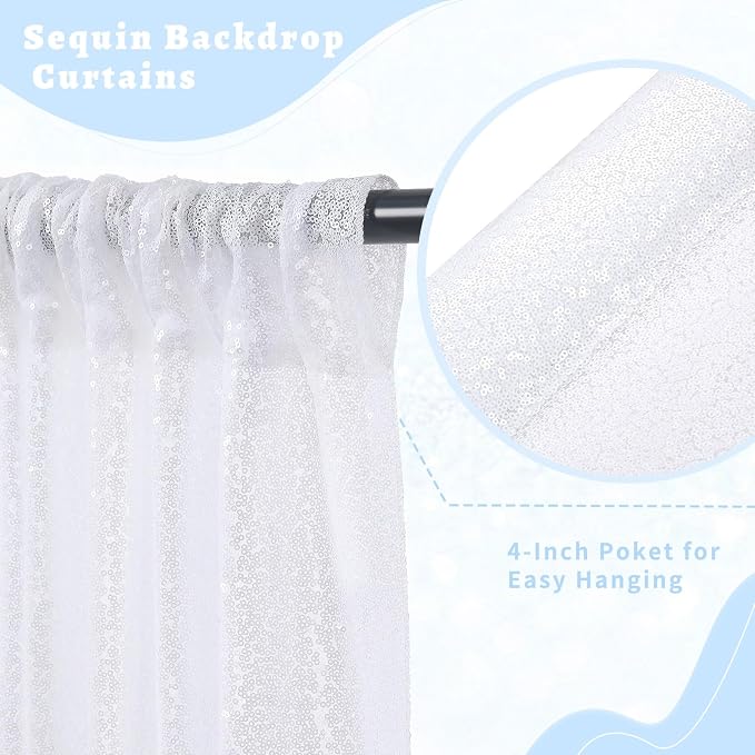 White Sequin Backdrop Curtains Party Photo Glitter Drapes 2 Pcs 2FTx8FT | - Image 3