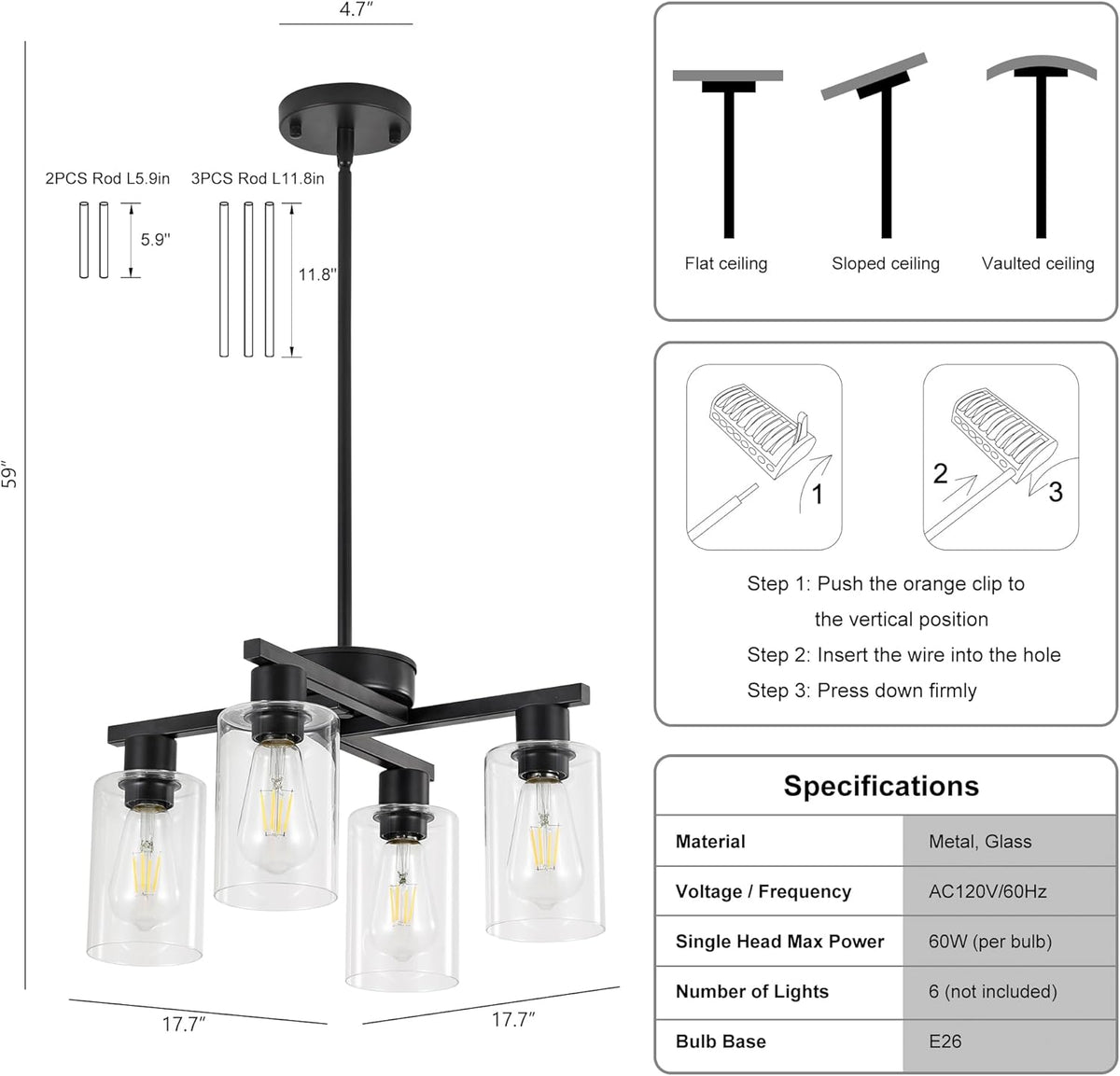 4-Light Modern Farmhouse Black Chandelier, Dining Room Light Fixture Over Table Adjustable Height Hanging Industrial Pendant Lights Kitchen Island, Clear Glass Shade