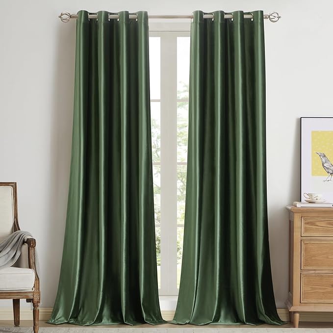 BULBUL Velvet Oilve Green Blackout Curtains 102 inch Long by ModernShinyVelvetCurtains