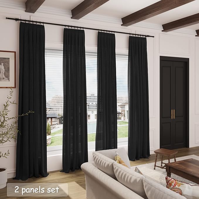 Black Linen Blend Semi Sheer Curtains 86 Inches Long 2 Panel Set Pocket Back - Image 7