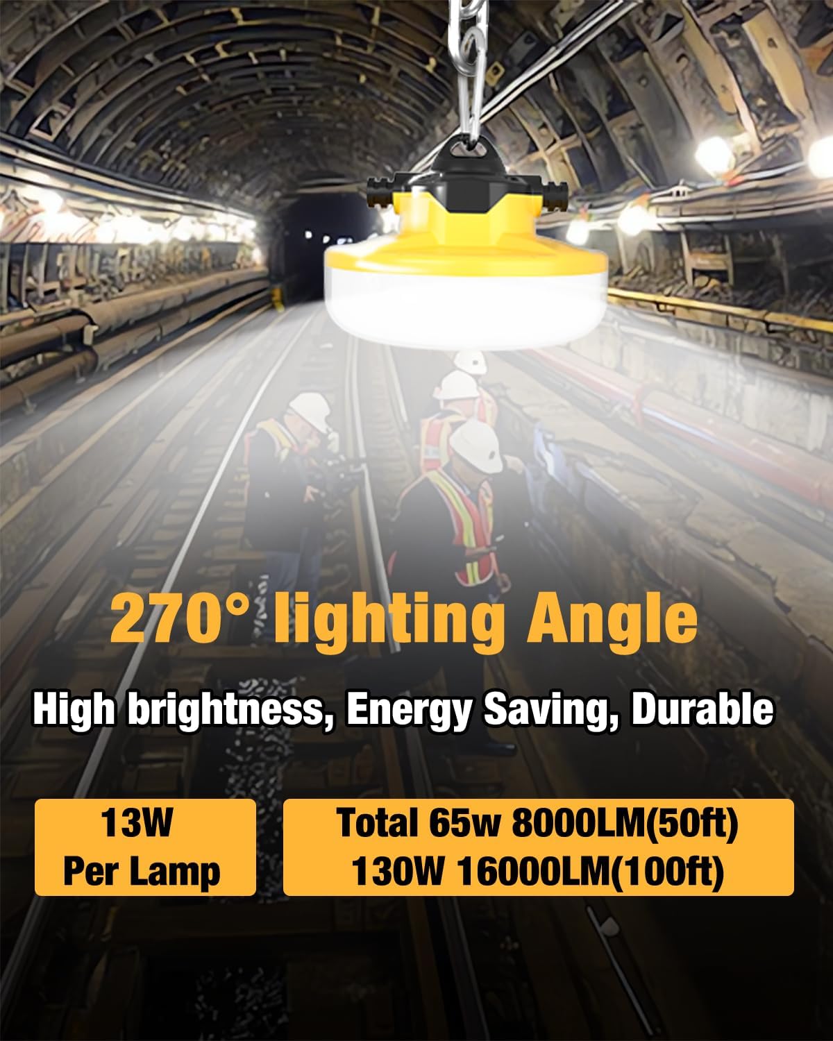 100FT LED Construction String Lights 3 Prong, 130W 16000Lm LED String Work Lights, 5000K Daylight Temporary Lighting for Construction Sites, Jobsite, Renovation, Mine Cave, UL Listed