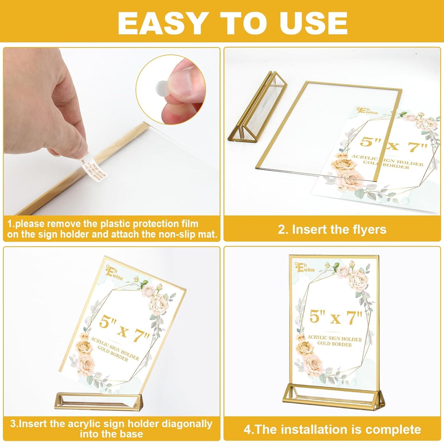 EHWINE 6 Pack Acrylic Sign Holder 5 x 7, Double Sided Gold Picture Frame Stand up Table Top Sign Holders, Clear Display Stand Menu Flyer Holder for Wedding Party