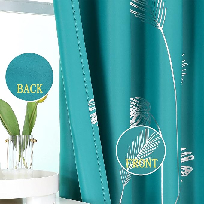 Teal Blackout Curtains for Bedroom, Room Darkening Silver Palm Tree Pattern - Image 3