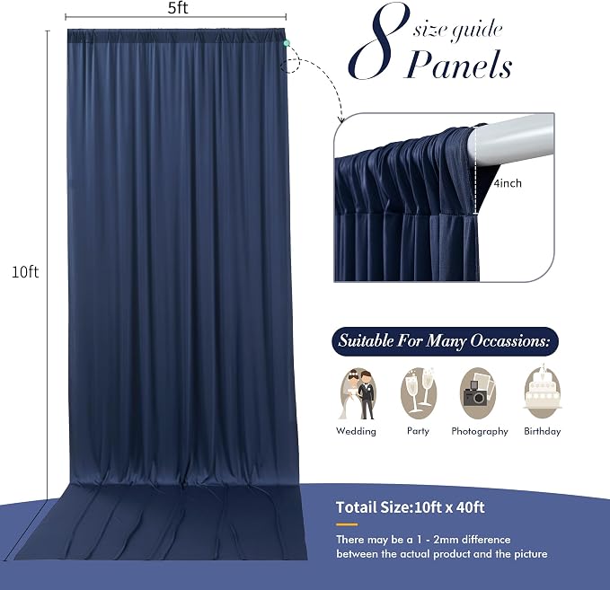 40 ft x 10 ft Wrinkle Free Navy Blue Backdrop Curtain - Image 5