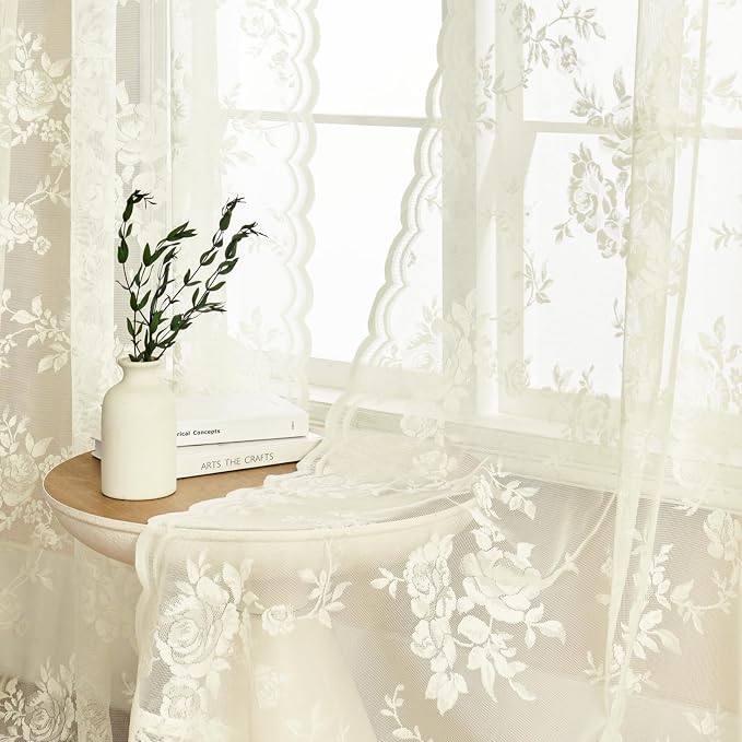 Ivory Lace Curtains 54 Inch Length 2 Panels Victorian Floral Sheer Curtains - Image 3