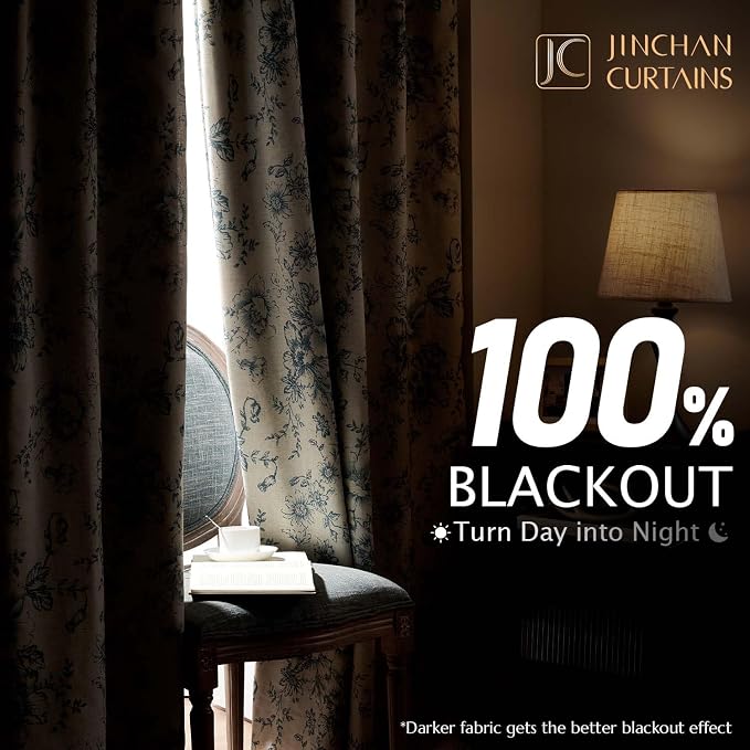 jinchan Blue Floral Linen Blackout Curtains Lined 84 Inch Back Tab 2 Panels | - Image 2