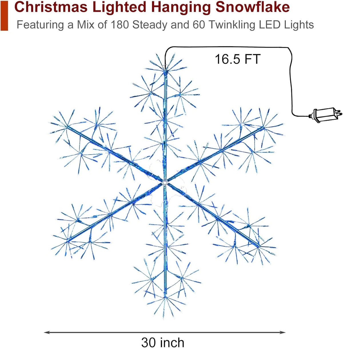 30’’ Christmas Snowflake Lights Outdoor, Pre-lit 240Pcs Blue LEDs Hanging Blue Snowflake Decoration for Home Indoor Outdoor Window Silhouette