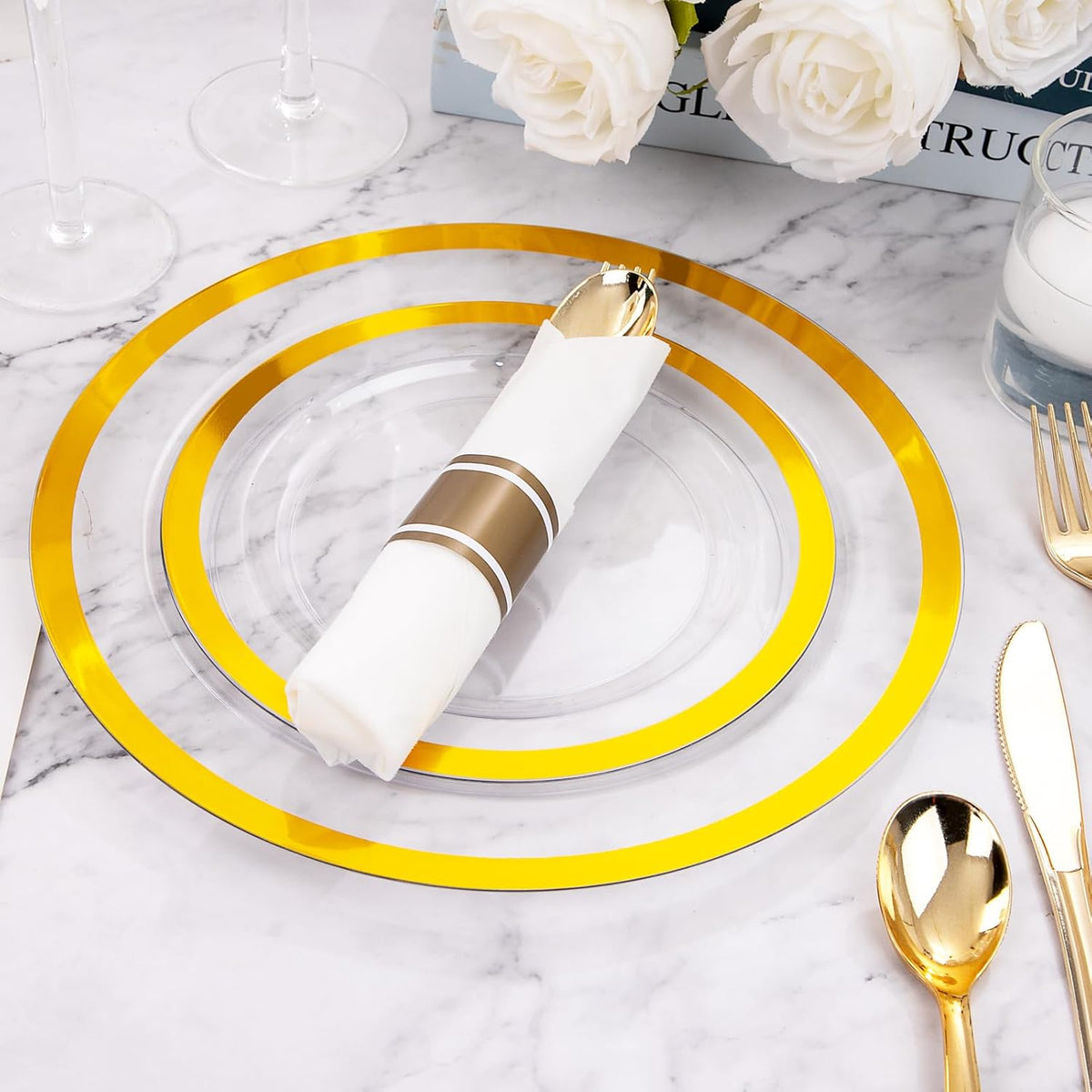 Rubtlamp 350 Pcs Clear Gold Plastic Plates, Disposable Dinnerware, Clear-Gold Plates Set Include 50 Dinner Platos 50 Dessert Platos, 50 Cups, 50 Pre Rolled Napkins with Cutlery Set for Party