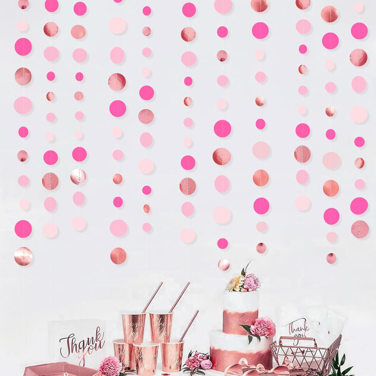 Hot Pink Rose Gold Party Decorations Circle Dots Garland Hanging Polka Dot Streamer for Girls Birthday Bachelorette Baby Shower Wedding Bridal Shower Anniversary Hen Party Supplies
