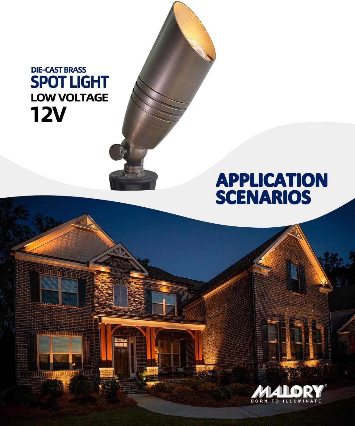 MALORY Brass Landscape Spotlights 4-Pack with Bulb Kit(S02), Low Voltage 12V AC/DC LED Outdoor Spot Uplights for House and Tree,PVC Ground Stake and Wire Connector Included, 5W 2700K Warm White