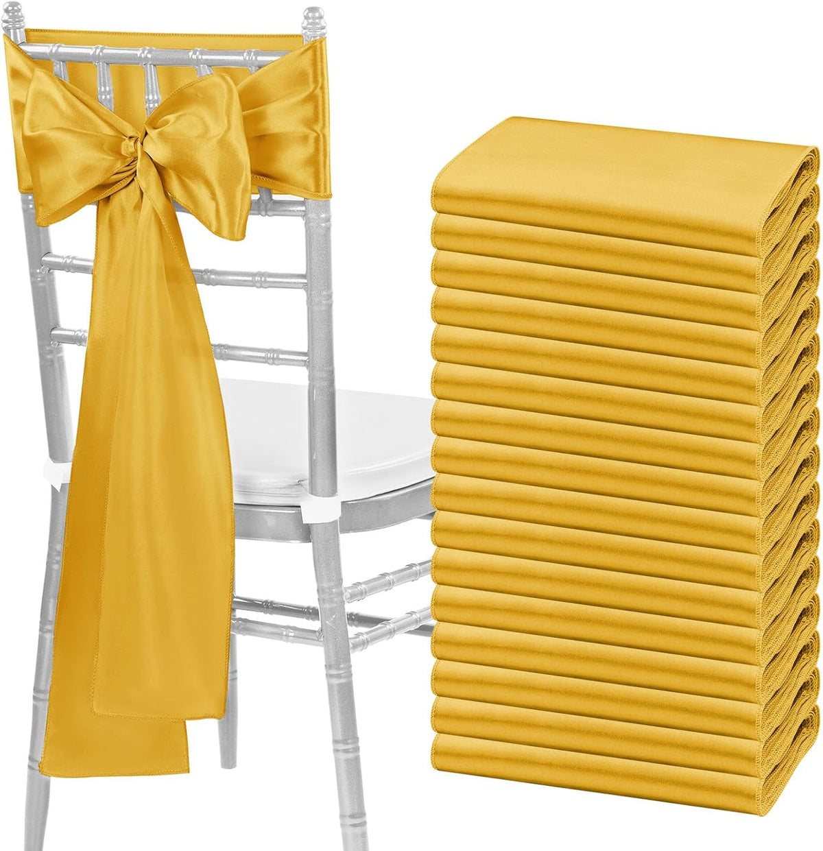 fani 60 PCS Gold Satin Chair Sashes Bows Universal Chair Cover for Wedding Reception Restaurant Event Decoration Banquet,Party,Hotel Event Decorations (7 x 108 inch)
