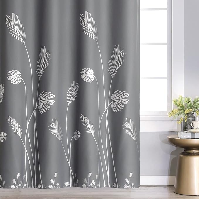 Grey Blackout Curtain for Dining Room 100W x 108L Inch Long Silver Palm Tree - Image 3