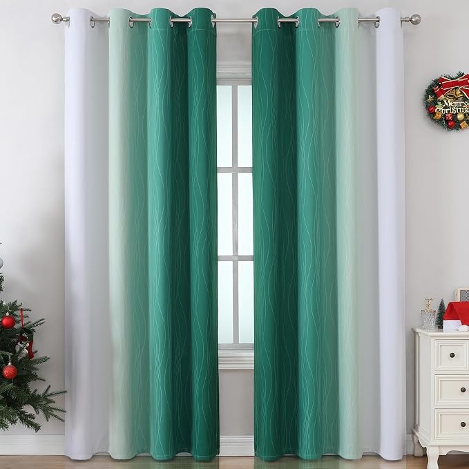 Green and Greyish White Gradient Blackout Curtains - Image 2