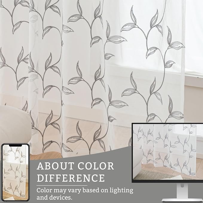 Sheer Kitchen Cafe Curtains Embroidered Leaf Pattern Grey 54x16 | Light - Image 6