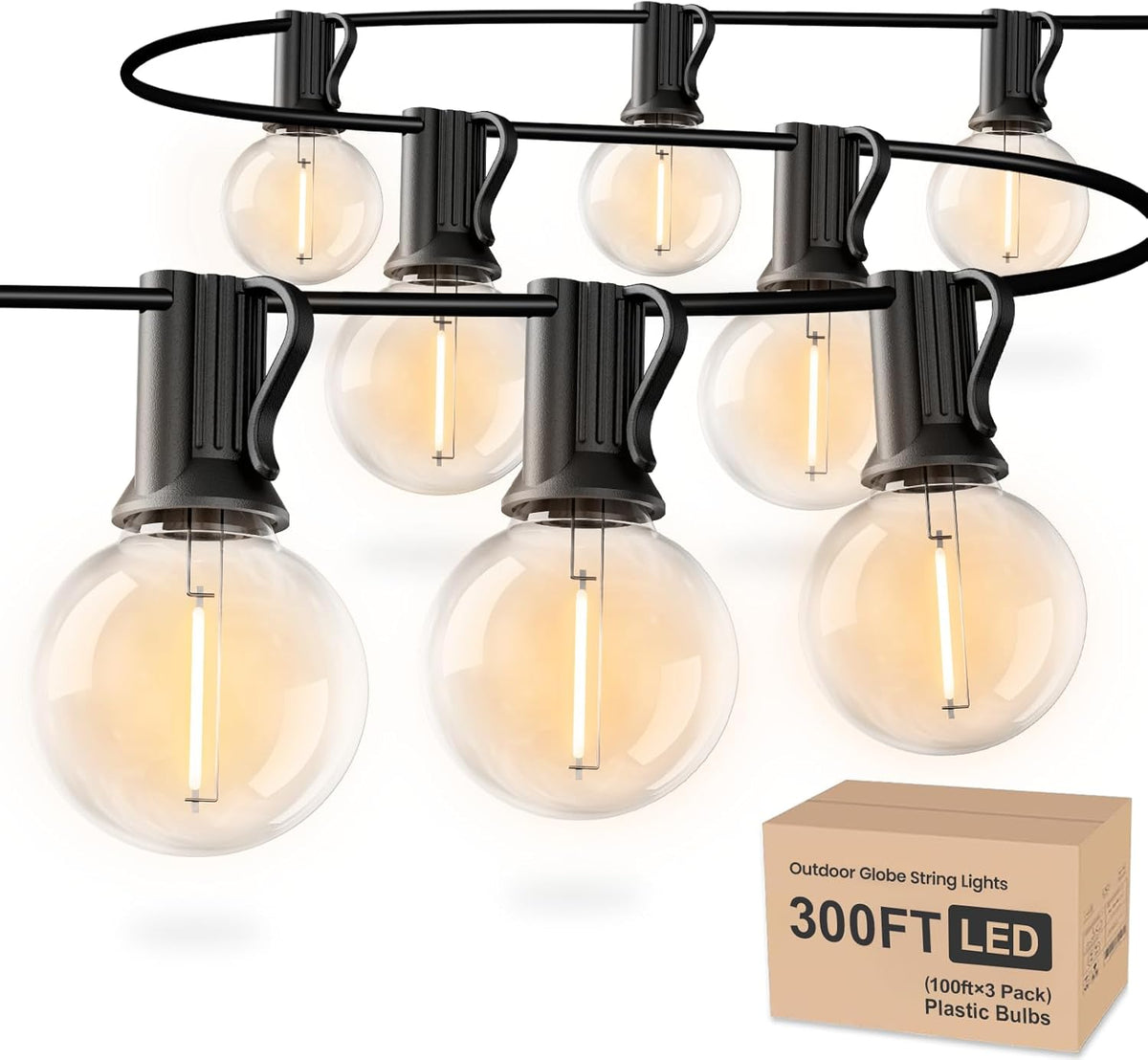 RTTY Outdoor String Lights 300ft, 3 Pack 100ft G40 Led Patio Globe Lights with 52pcs Bulbs,Shatterproof Waterproof Connectable Hanging for Porch Cafe Bistro Backyard Gazebo Balcony Deck Party