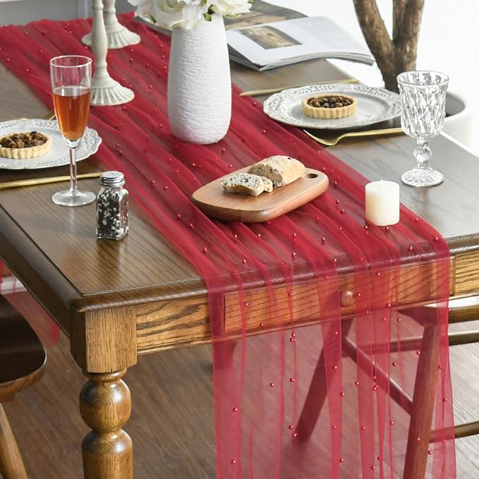 Artoid Mode 6PCS Pearl Red Gauze Table Runner 120 Inch 10FT, Seasonal Sheer - Image 4