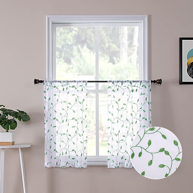 Tollpiz Leaves Sheer Tier Curtain Green Leaf Embroidery Kitchen Half Curtains by Tollpiz