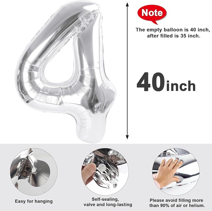 4 Balloon Numbers Birthday Decorations, 40In Silver Balloons - Image 6