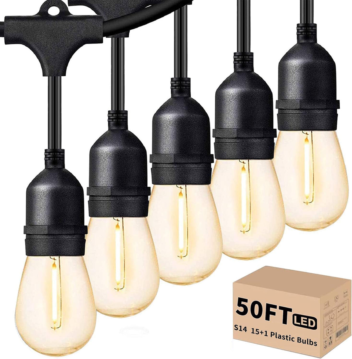 Svater Outdoor Led String Lights 50FT, Patio Lights with 16pcs S14 Shatterproof Bulbs, 1 Watt E26 Dimmable 2700K Warm White, IP65 Waterproof, Commercial Grade Light