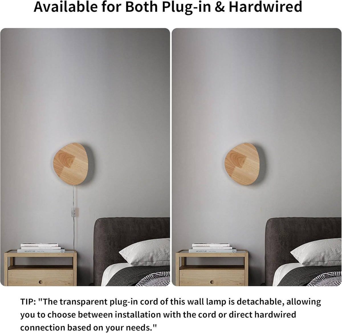 Modern Minimalist Plug in Wall Sconces, 9.4'' Plug-in Or Cordless Wood Backlight LED Wall Lamp, 12W, 1100LM Warm White Brightness Wall Light Fixtures for Bedroom, Living Room Wall Décor