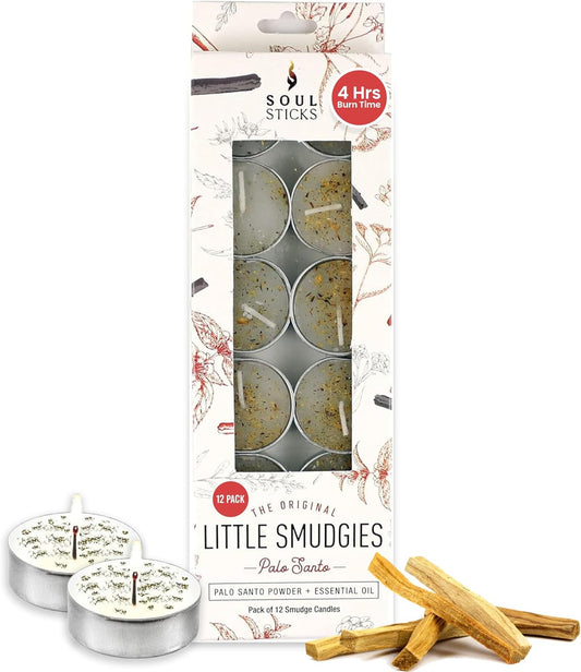 SOUL STICKS 12 Pack Little Smudgies Tealight Candles Smudge Candle for Cleansing House, Meditation, Chakra Healing | Made with Crystals and Herbs (Palo Santo)
